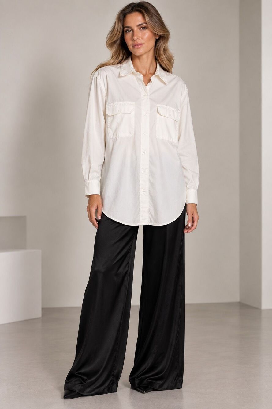 AVA VIV Womens 1X White Button Front Utility Shirt Blouse With Chest Pockets